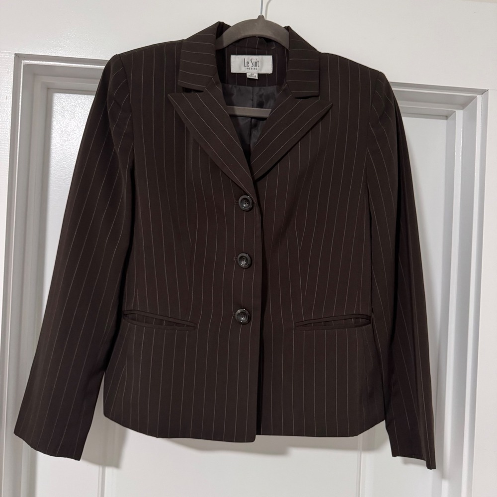 Le Suit Petite Brown Pinstripe‎ Blazer Jacket 3 Button Office Interview 6P